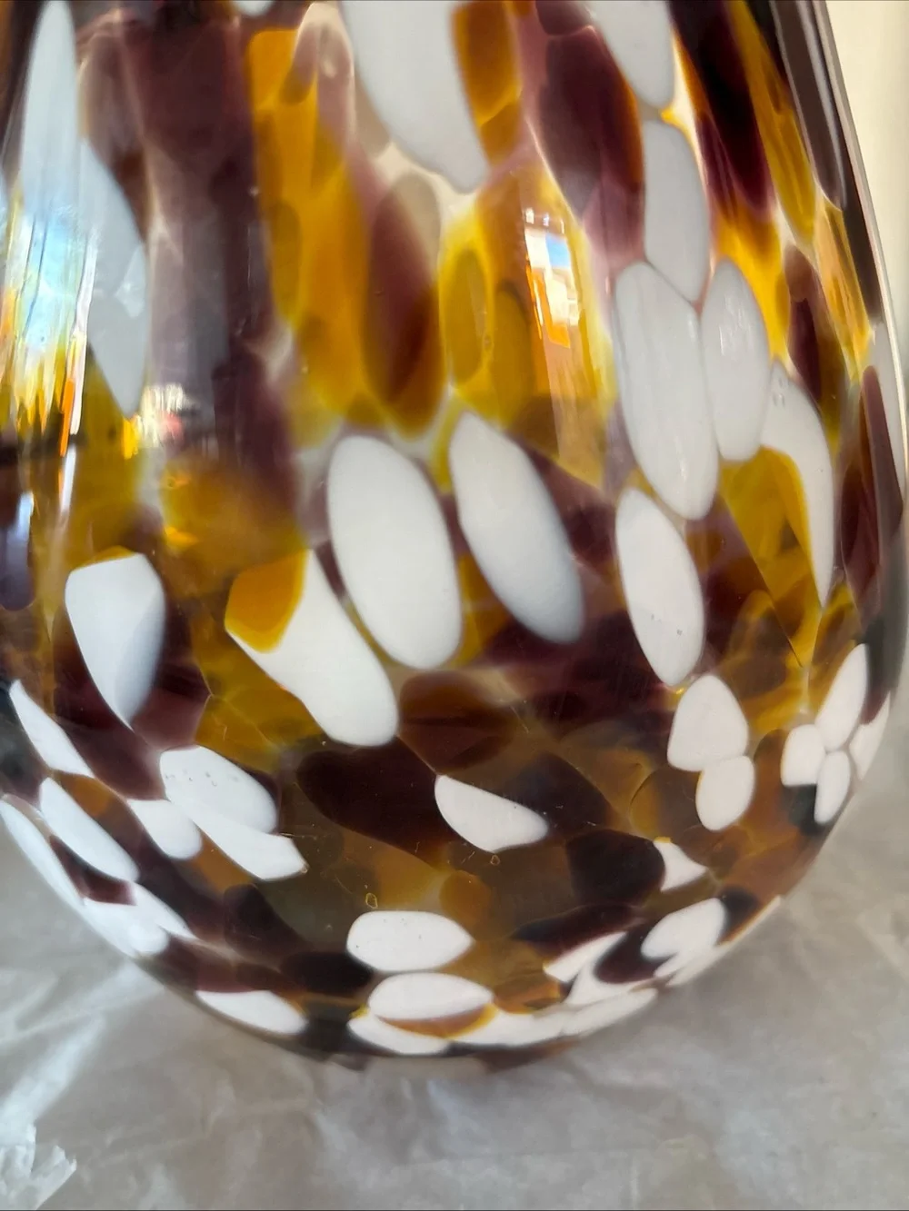 Hand Blown Art Glass Vase White Amber Spots Artisan Studio 7.65” Heavy Solid